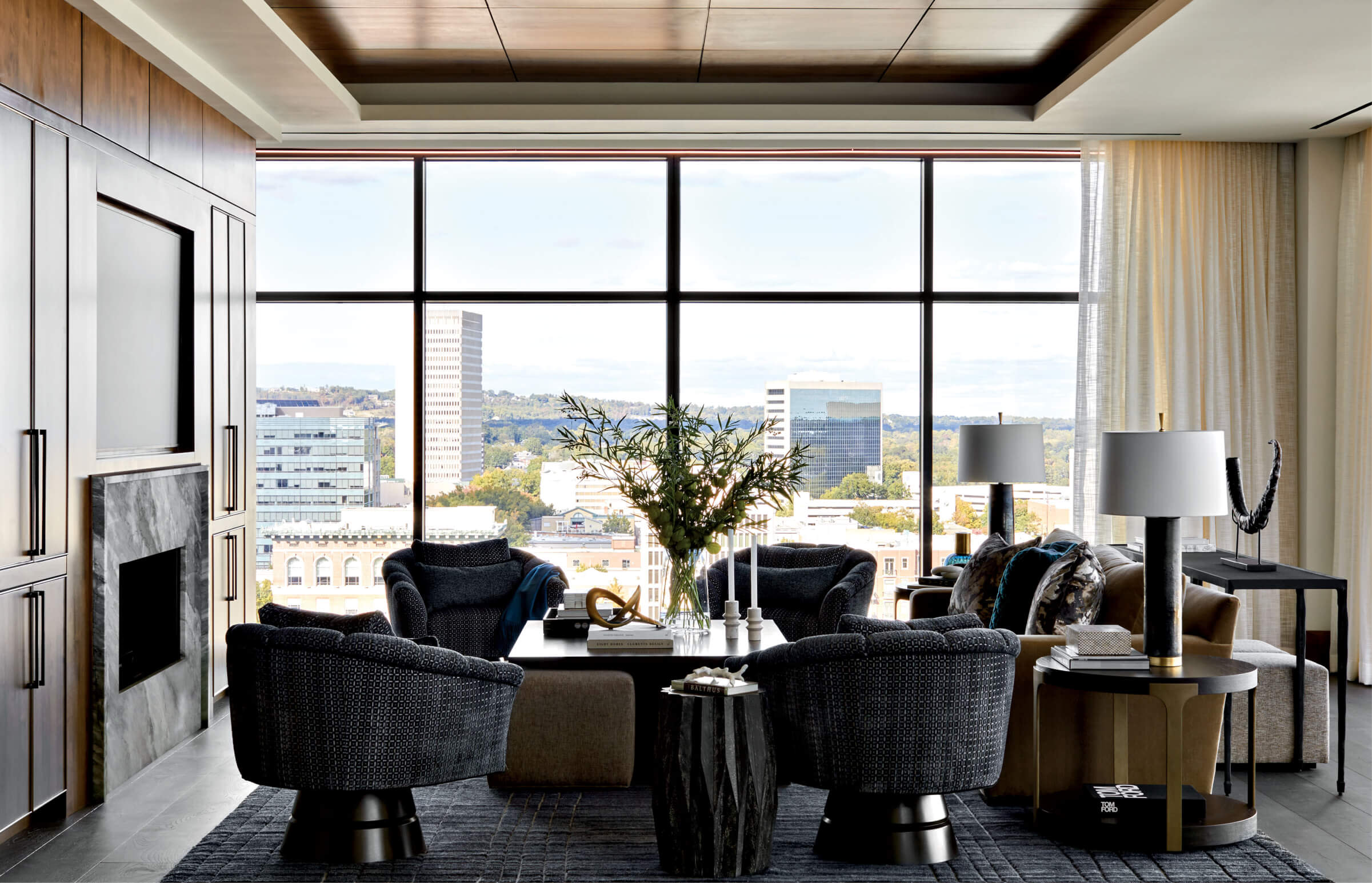 moody and modern living area in a condo