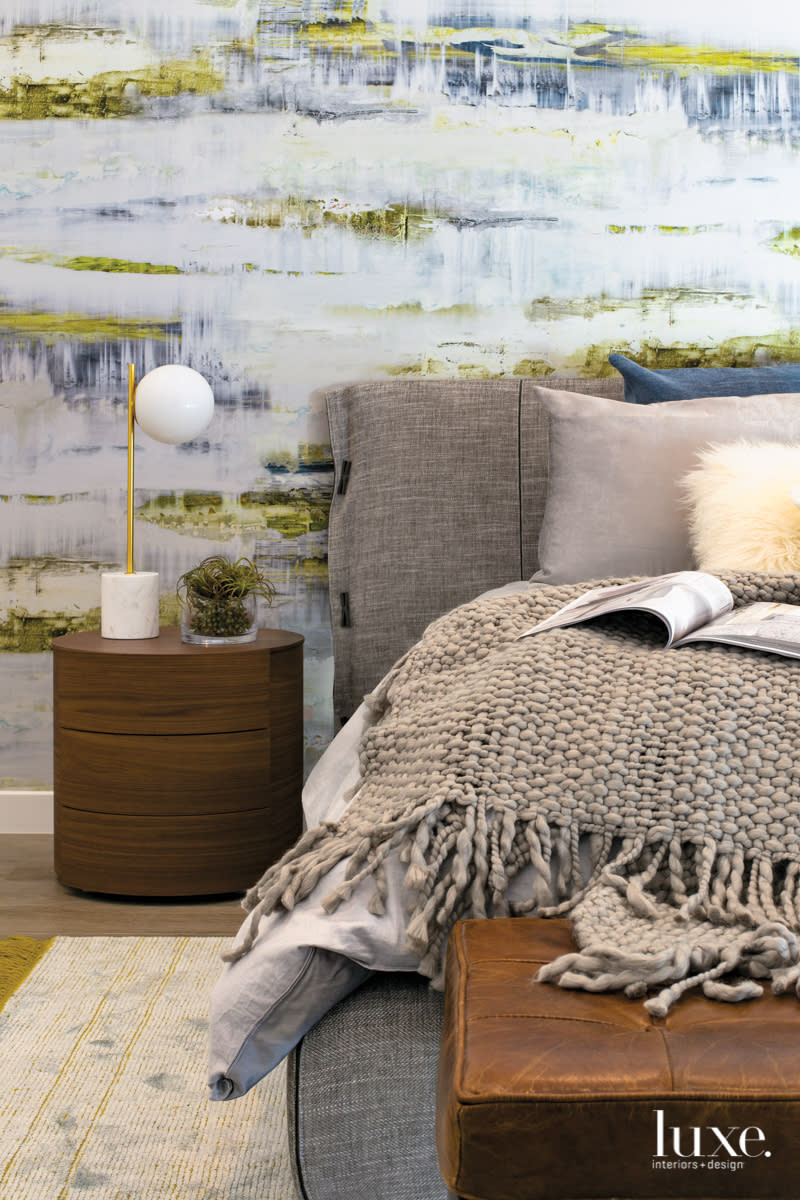 green and gray master bedroom with watercolor wallcovering