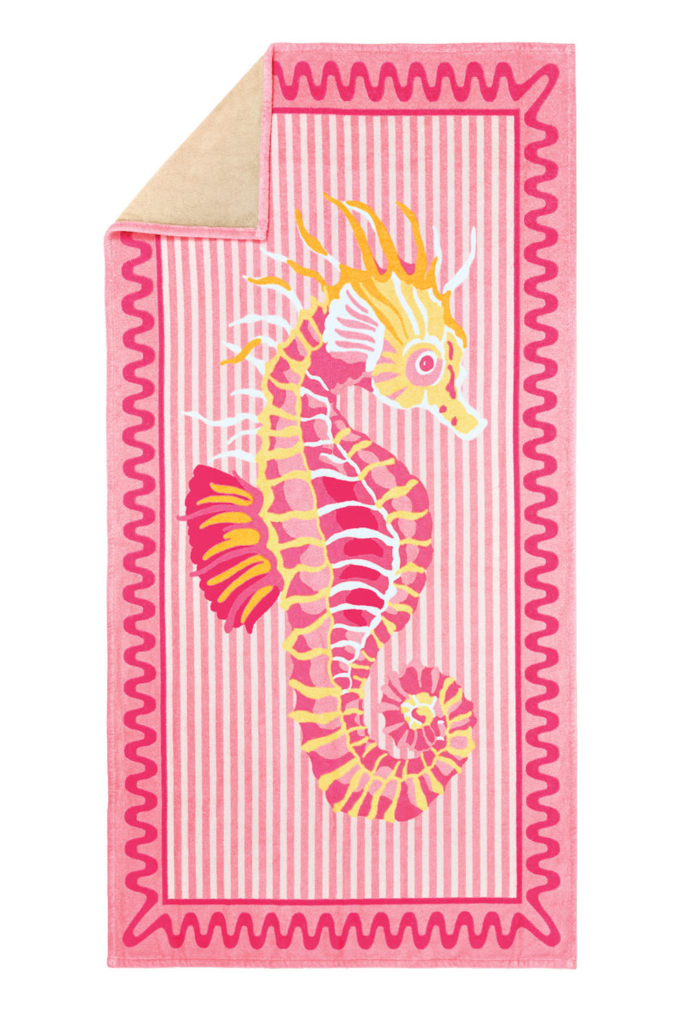 pink beach towel with a seahorse graphic