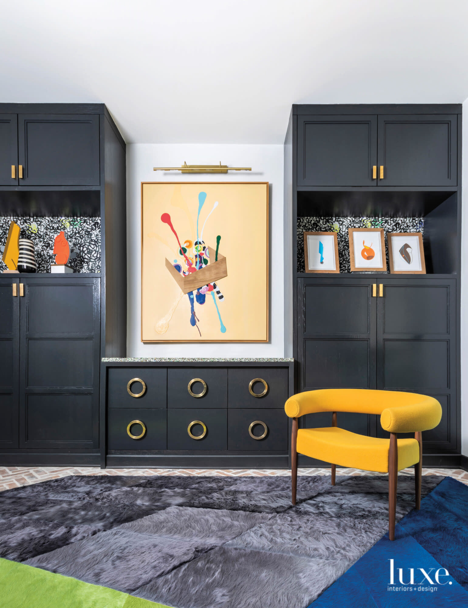 Darkly colored homework room cabinets