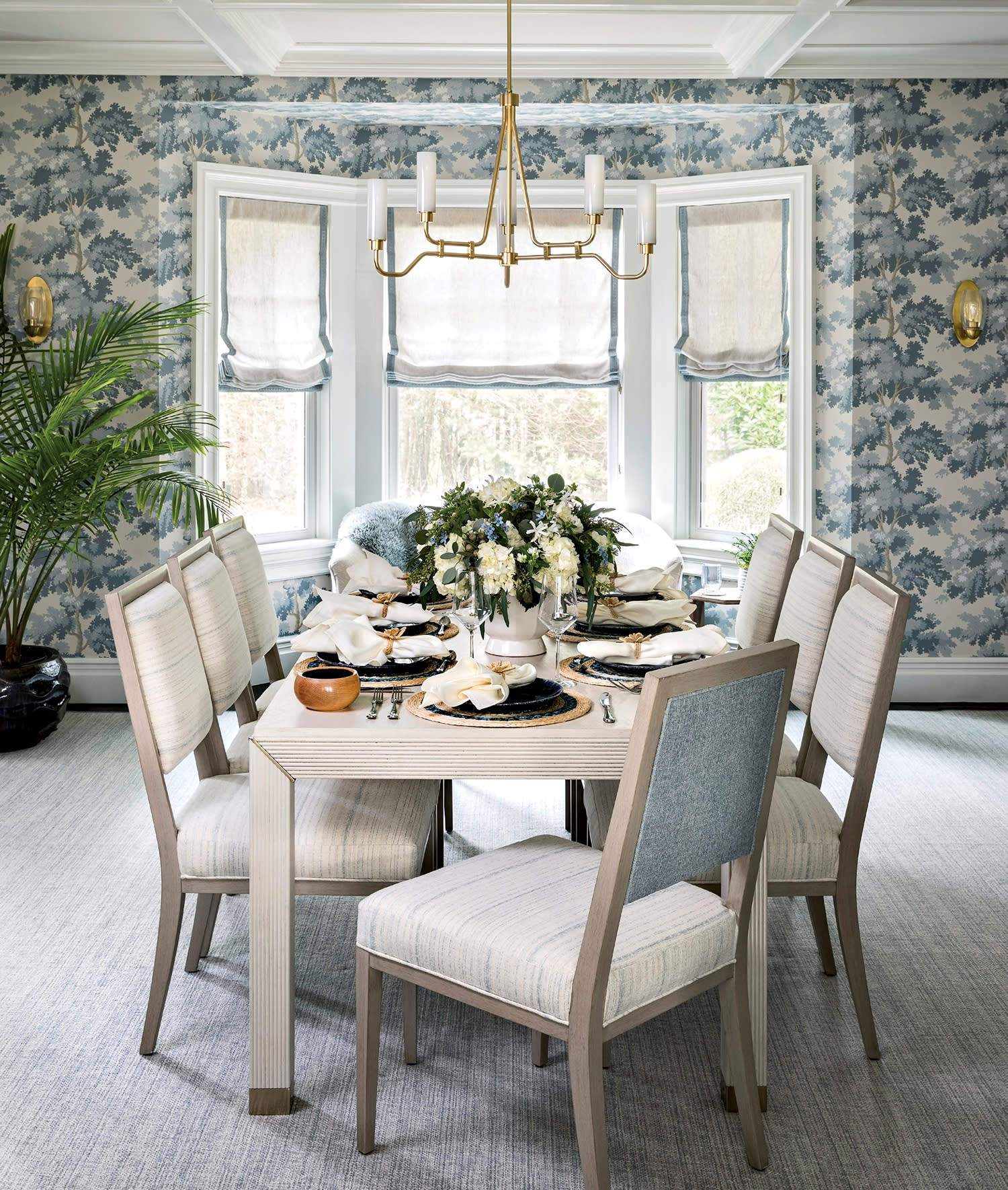 blue and white dining room