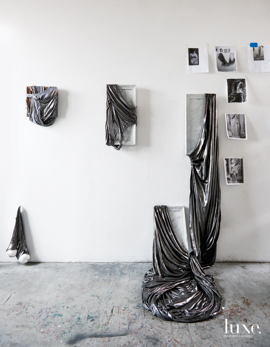 Hanging in Seiden's Brooklyn studio are her works of hardened fabric on mixed media and filled in with graphite pencil alongside inspiration shots.