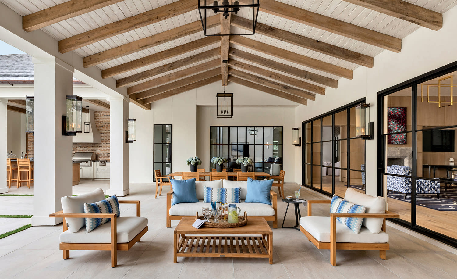 veranda with plastered walls and reclaimed oak beams