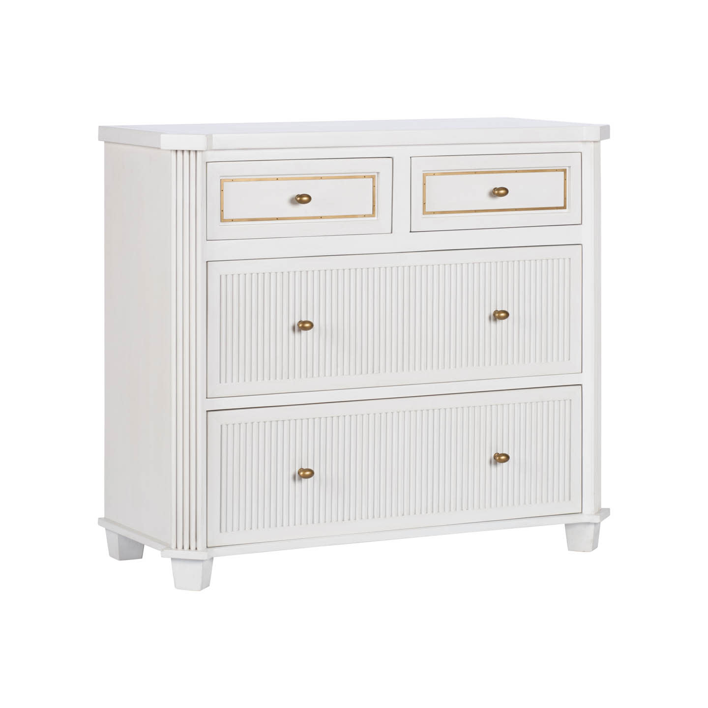 White wooden chest of drawers with three drawers. Two smaller top drawers have gold trim and knobs, while two larger drawers below have brass knobs. Classic design.