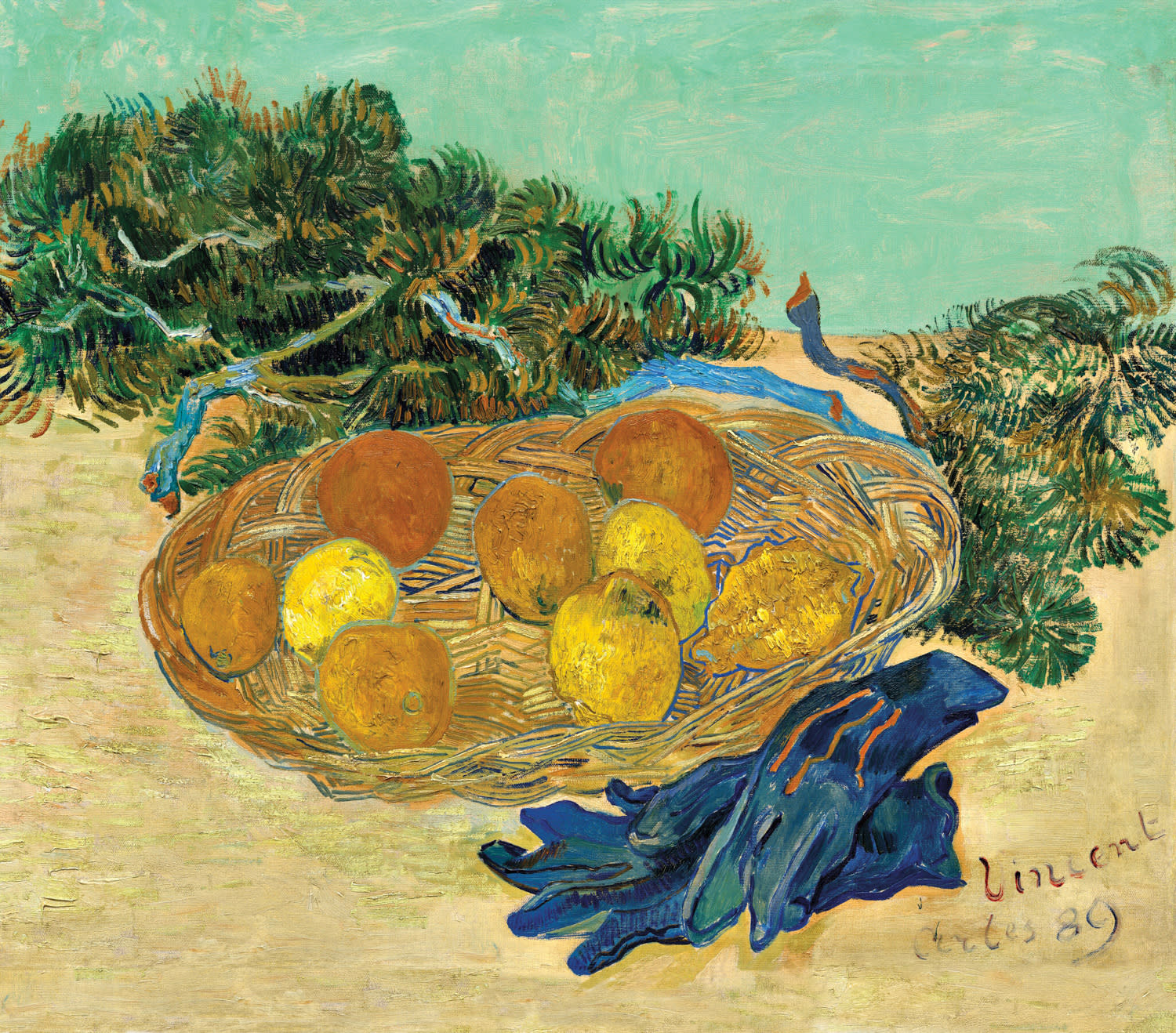 still life of oranges and lemons with blue gloves by vincent van gogh