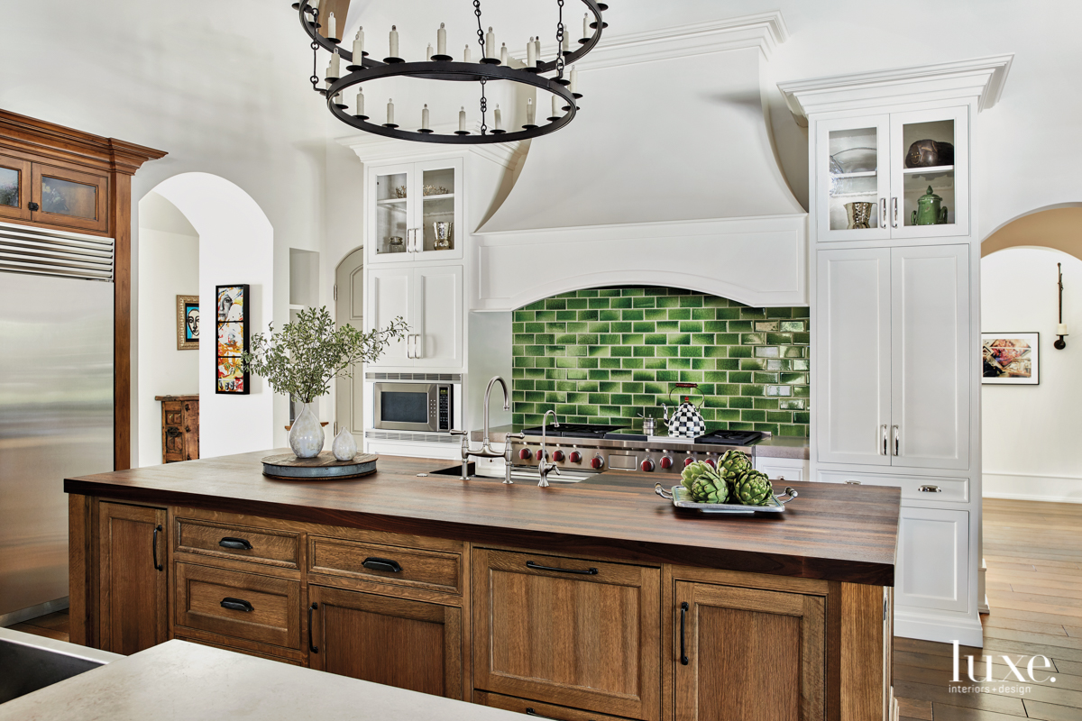 rustic wooden kitchen with two islands