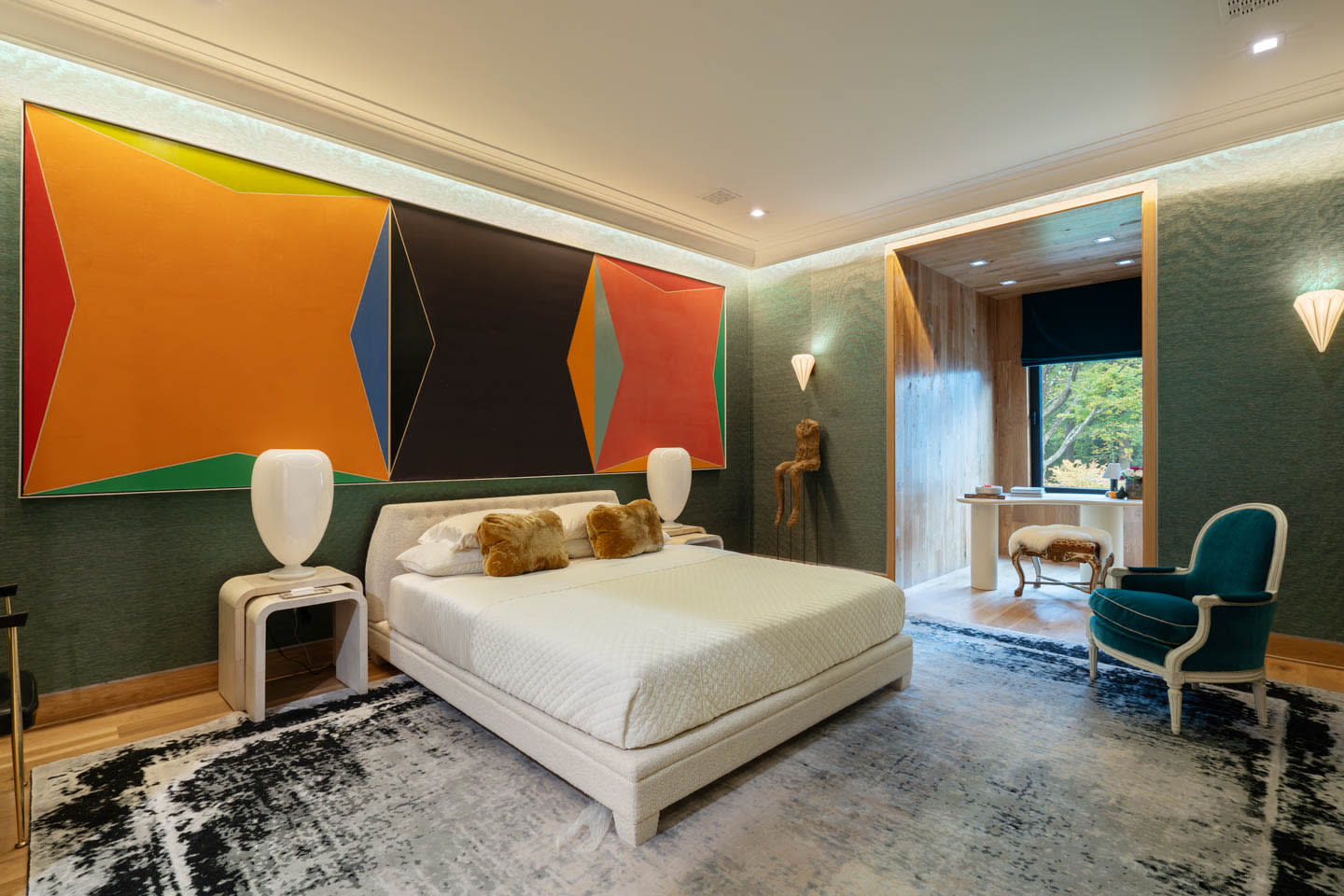 green bedroom with contemporary art