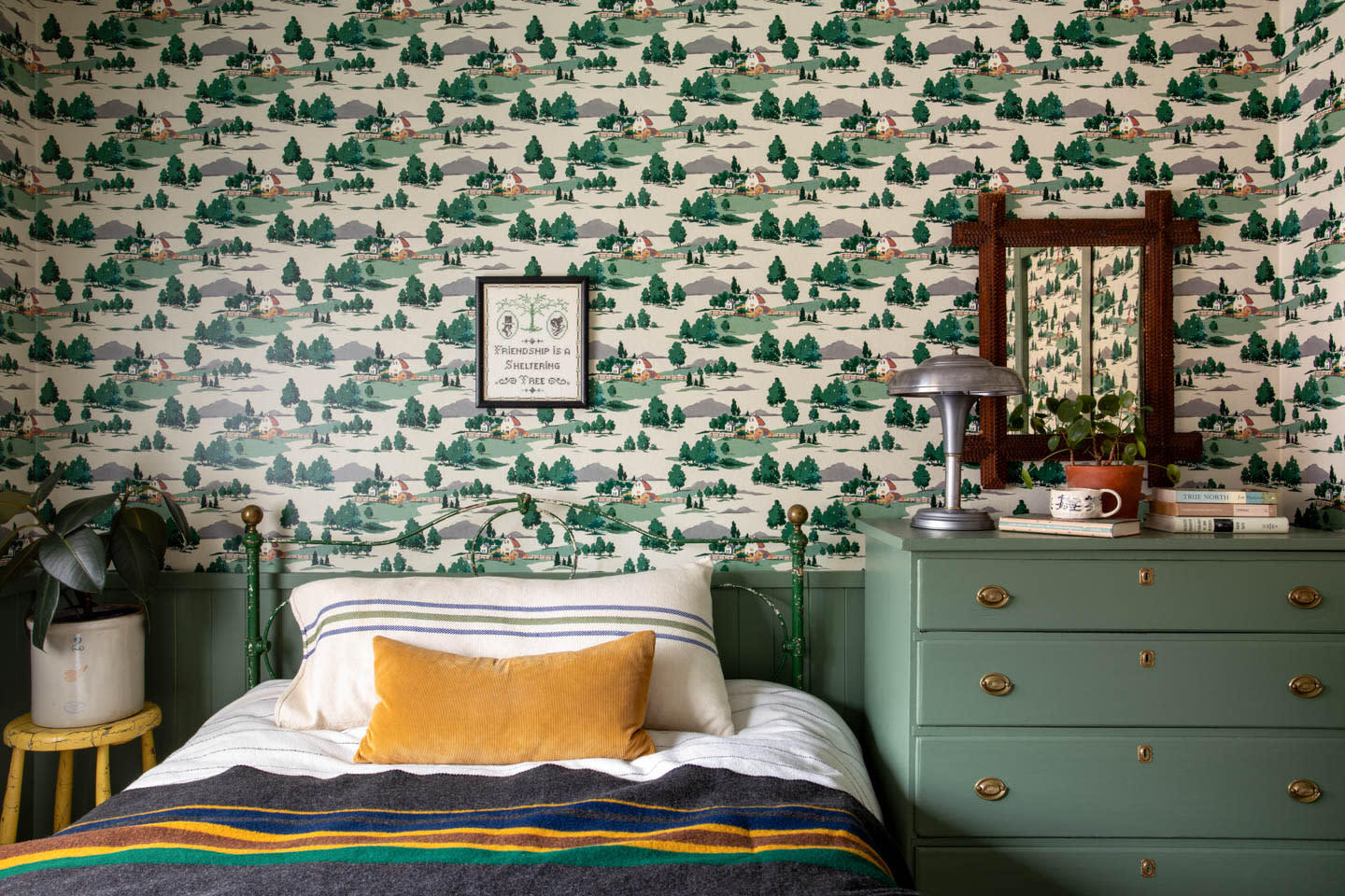 traditional bedroom with the Farm Toile wallpaper from Max Humphrey x Chasing Paper