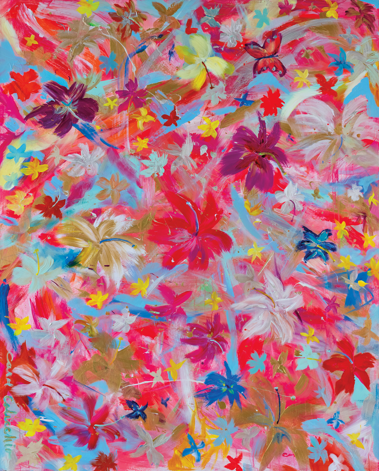 Carol Calicchio bright, bold floral painting featuring pinks, purples, blues, browns and yellows