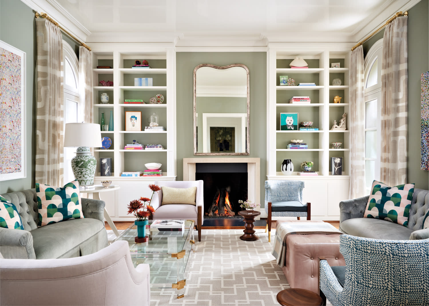 A living room with elegant styled bookshelves