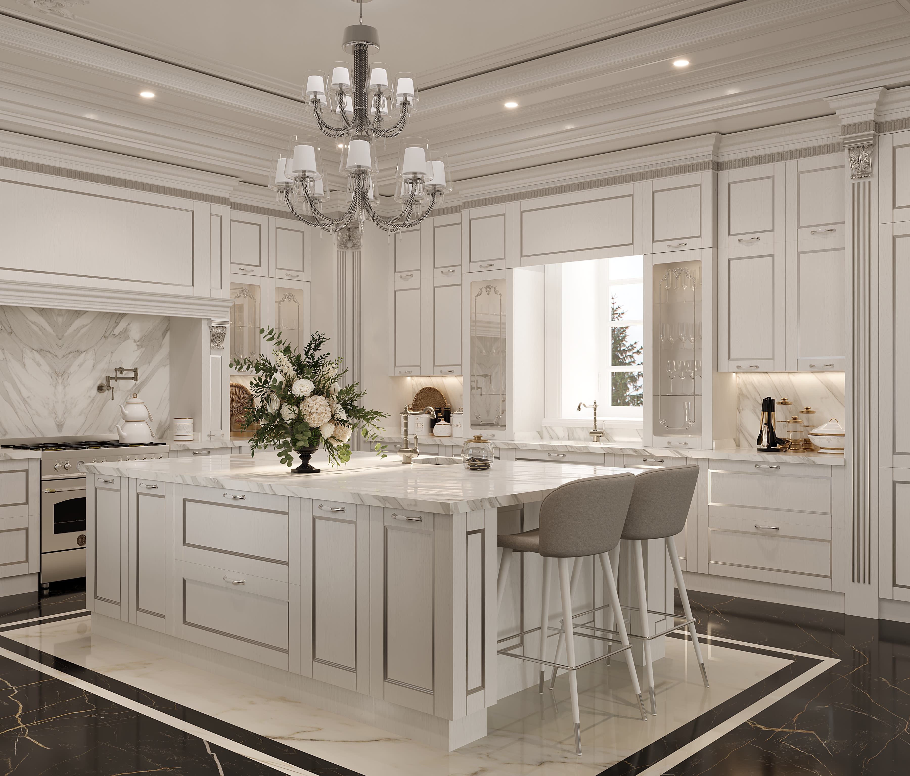 Classic white kitchen featuring oversized island and custom range alcove. 