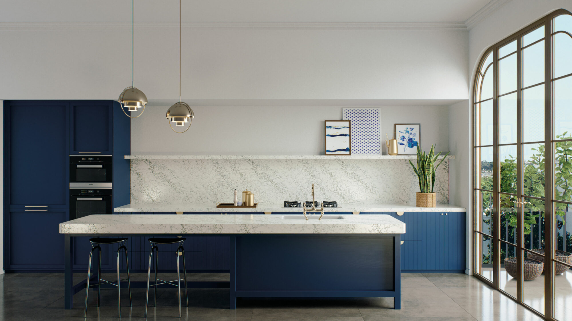 caesarstone arabeto on blue kitchen island