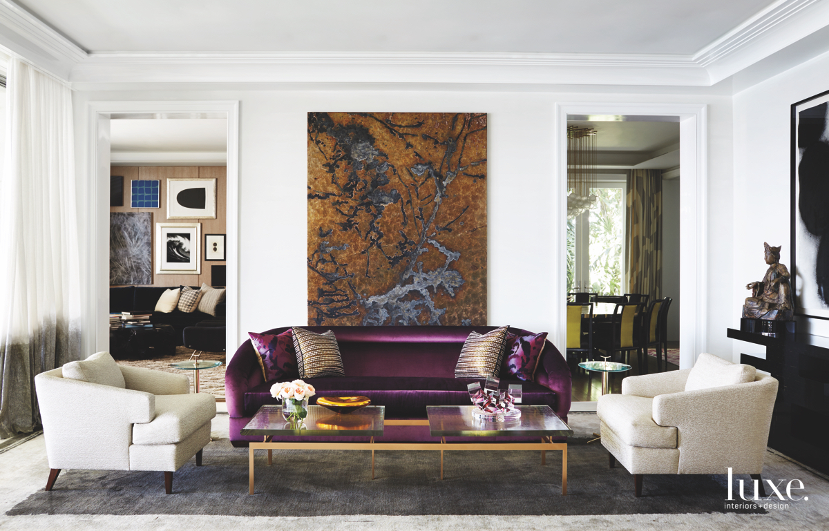 contemporary neutral living room purple sofa