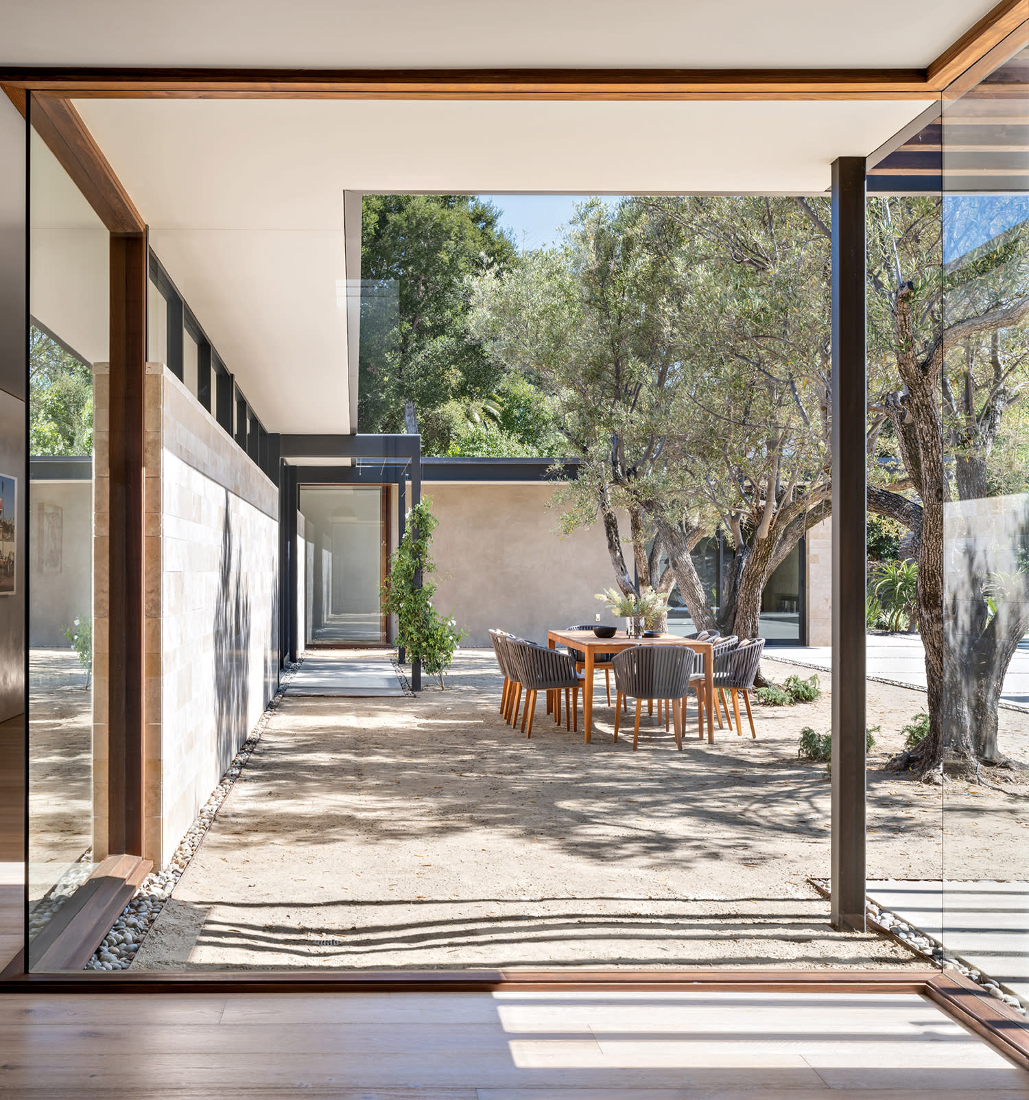 living area of a California home with courtyard views