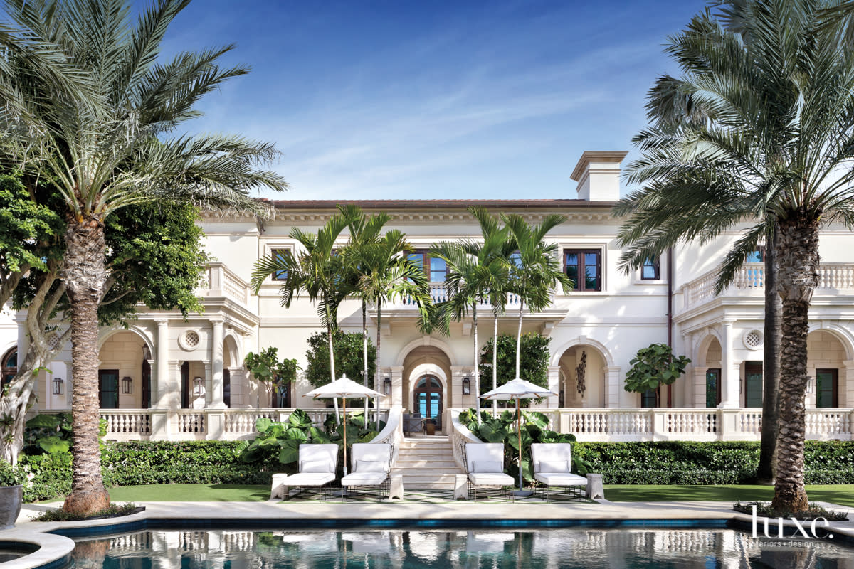 exterior facade stucco and mexican limestone with pool