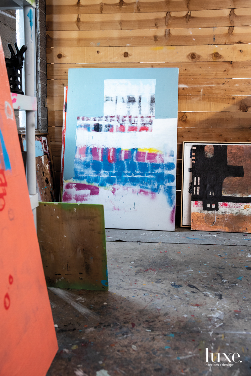 Michael Viglietta's pieces lean up against a wall in his studio.