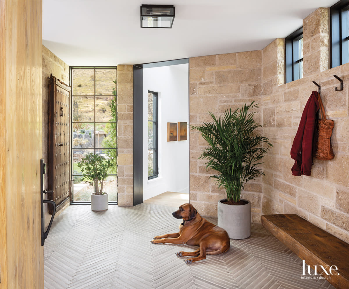 entry way from the front door featuring stand alon plants, a dog and hallway to the right