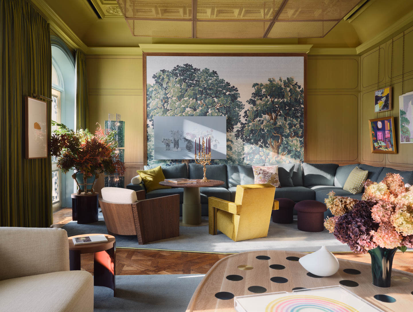 moody yellow salon/lounge at Kips Bay Dallas Show House 2025