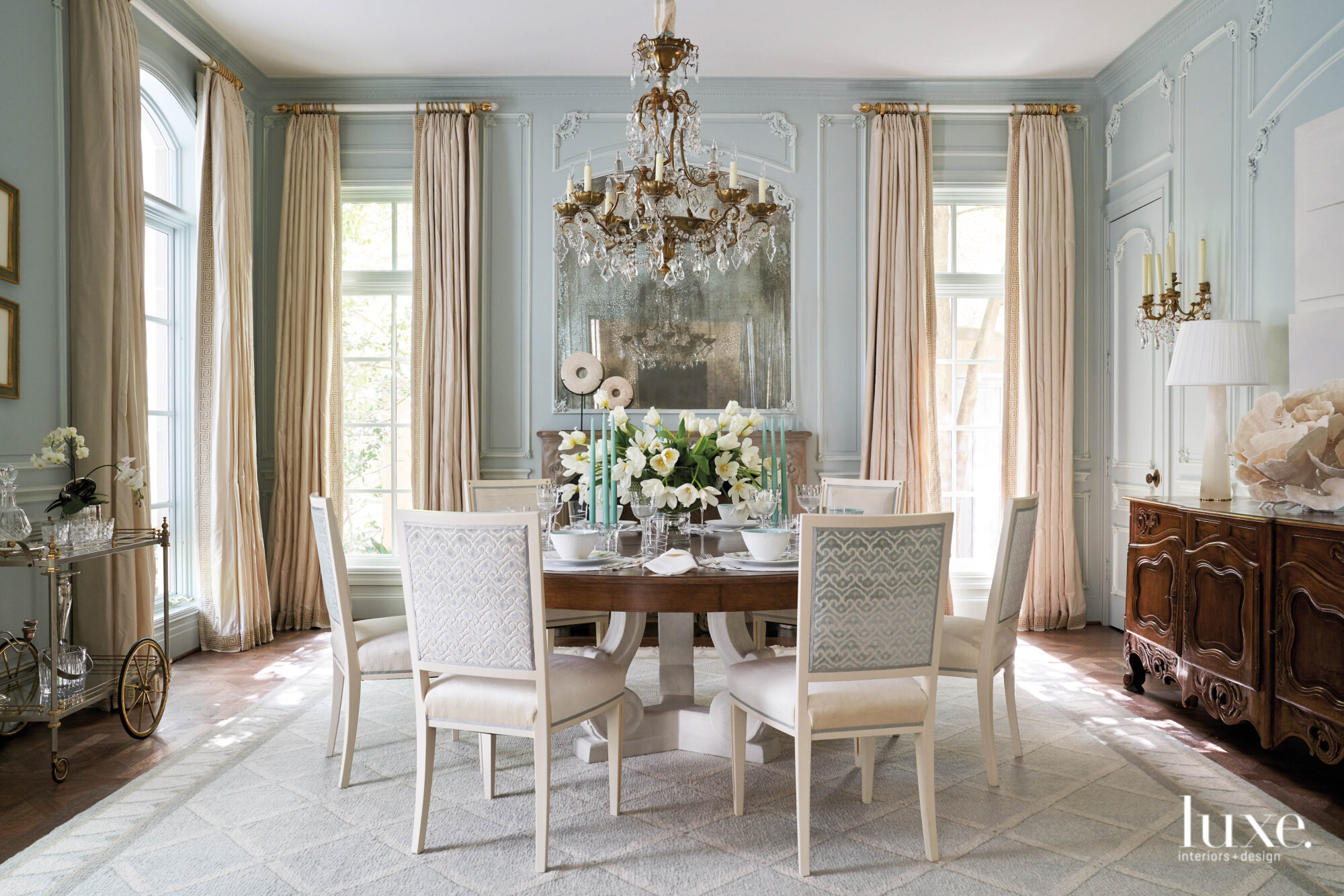 dining room light blue walls bar cart