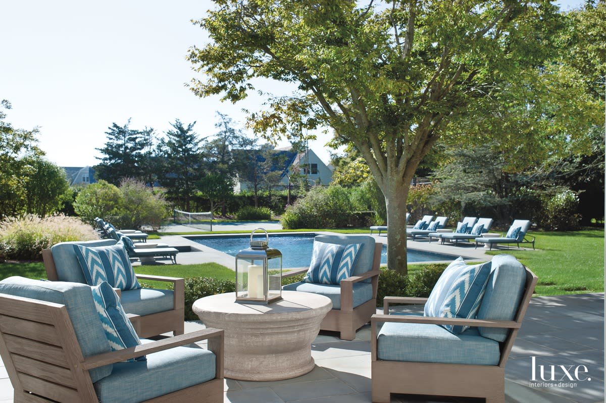 coastal outdoor sitting area and pool