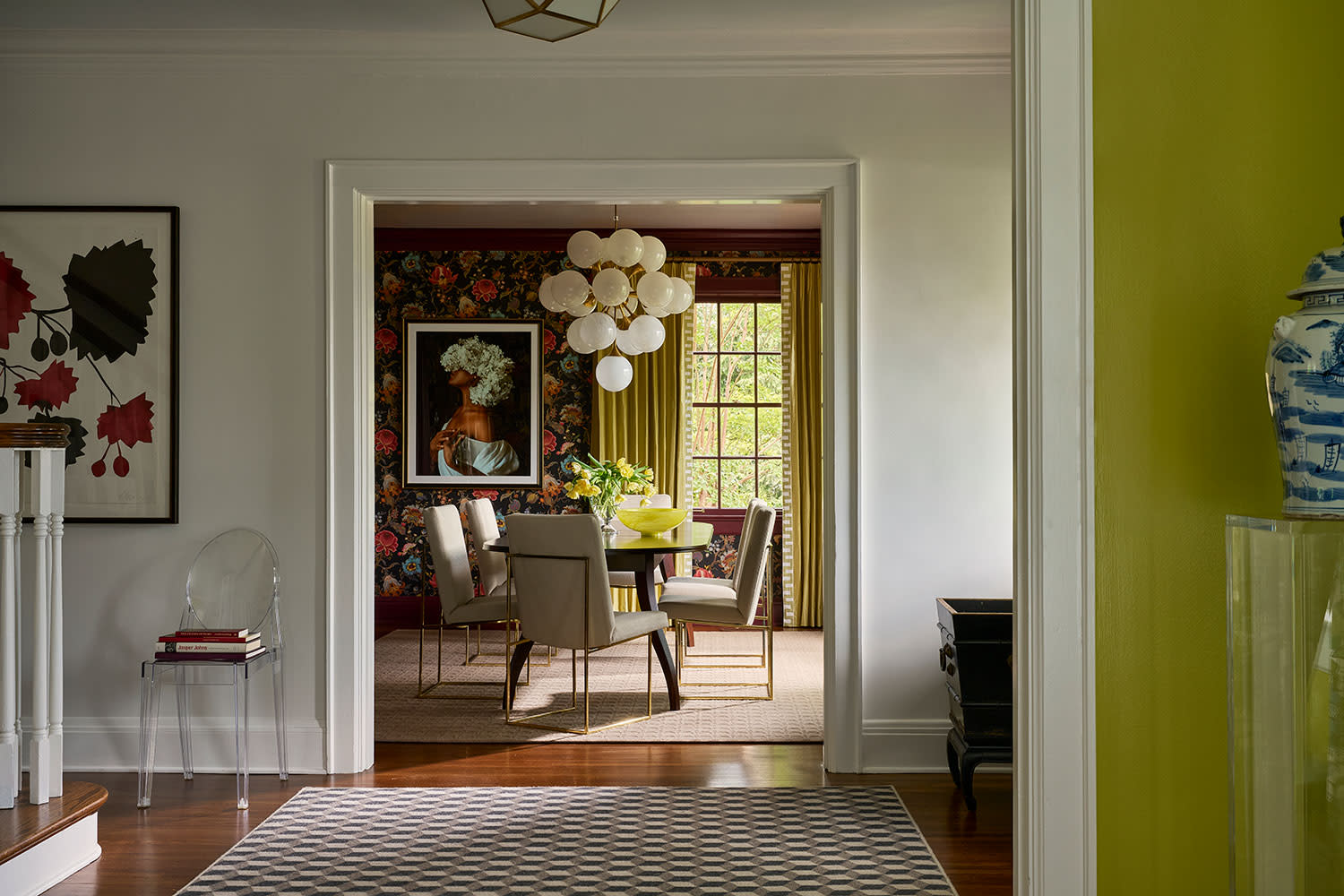 chartreuse room and wallpapered dining room by ryan kopet