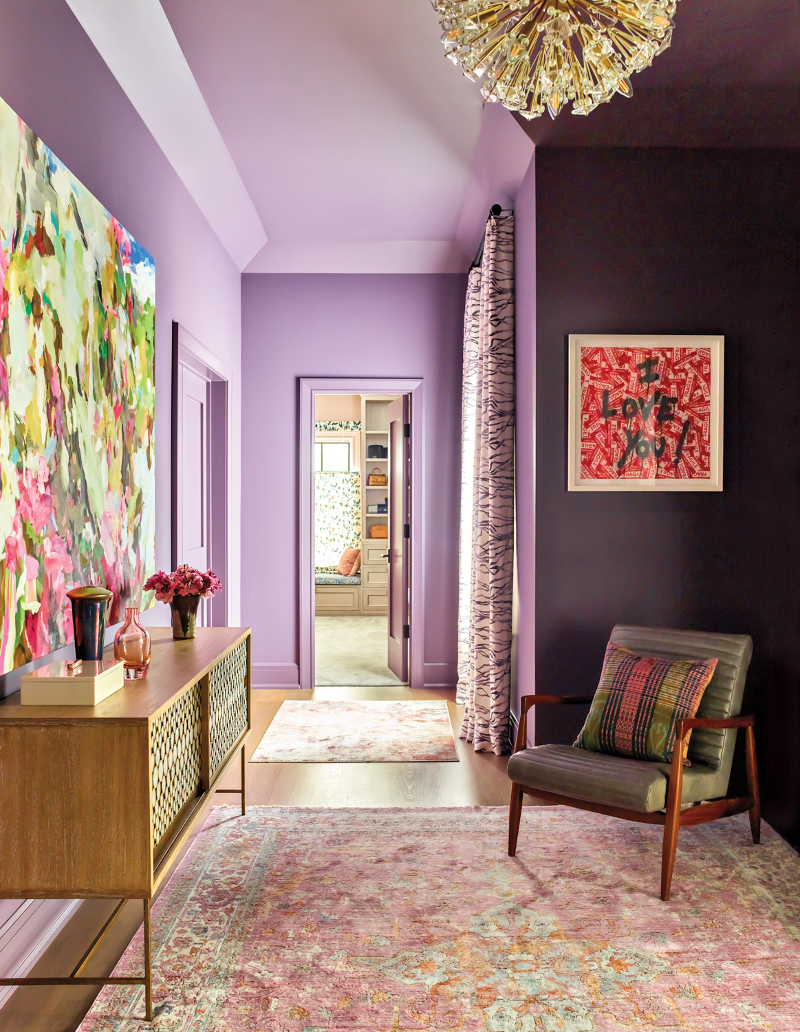 purple bedroom hallway in Benjamin Moore’s Wild Mulberry