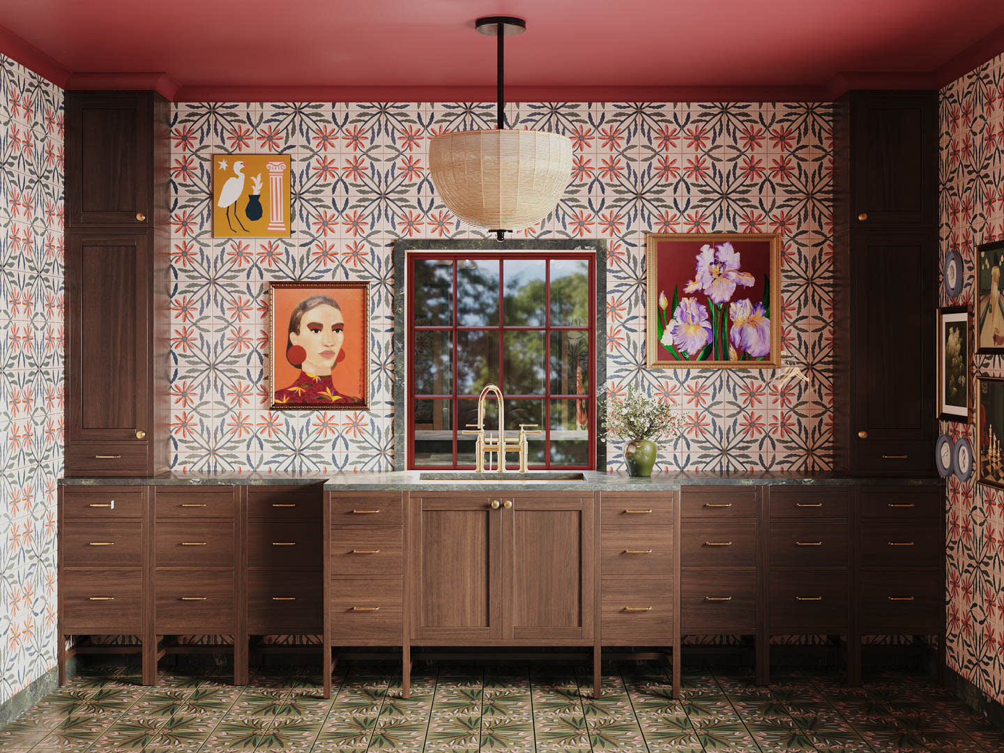 A bathroom with soft pink walls contrasted by a striking red ceiling, offering a lively and unconventional atmosphere.