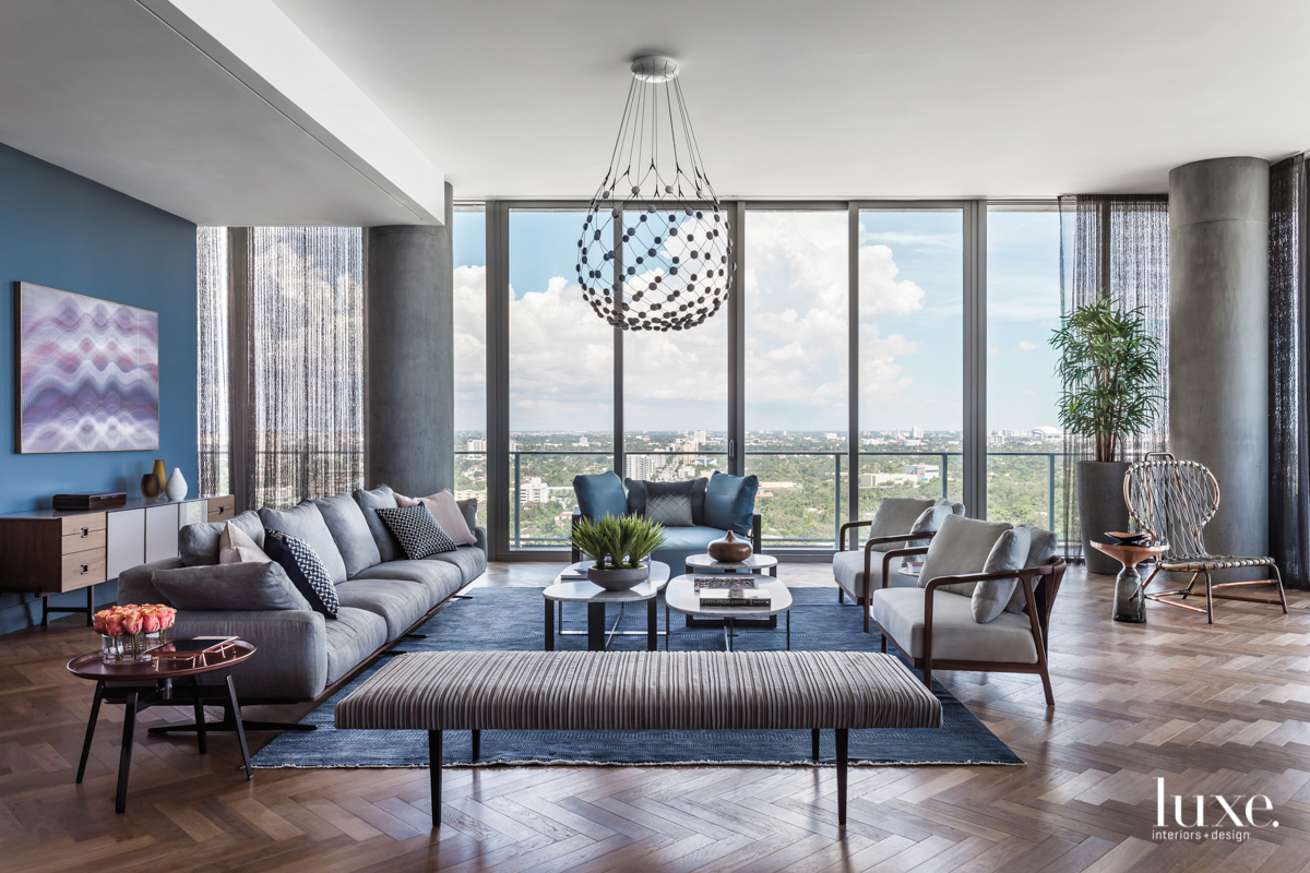 contemporary living room gray and blue accents