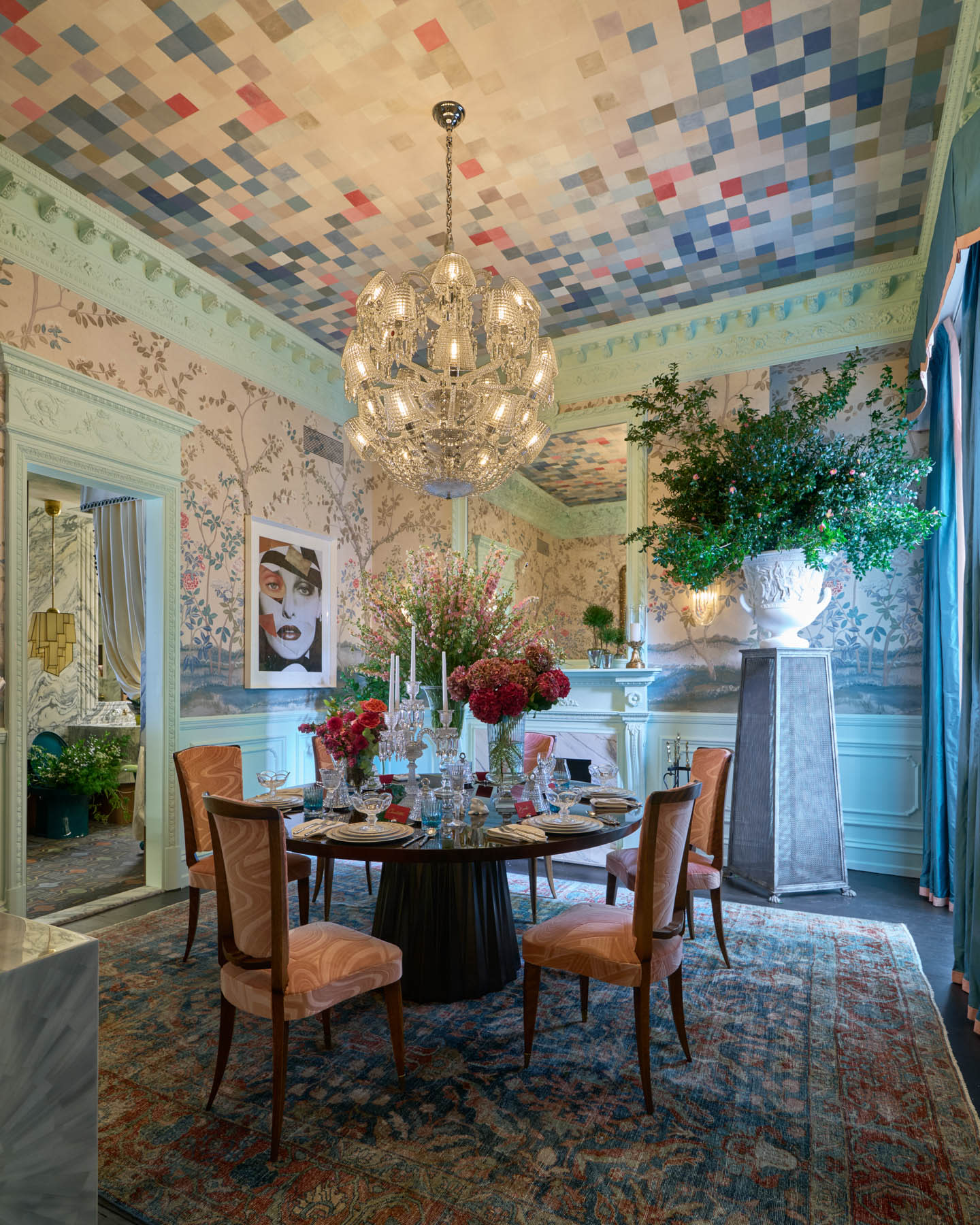 fantastical dining room with a pixelated-style ceiling and colorful furnishings