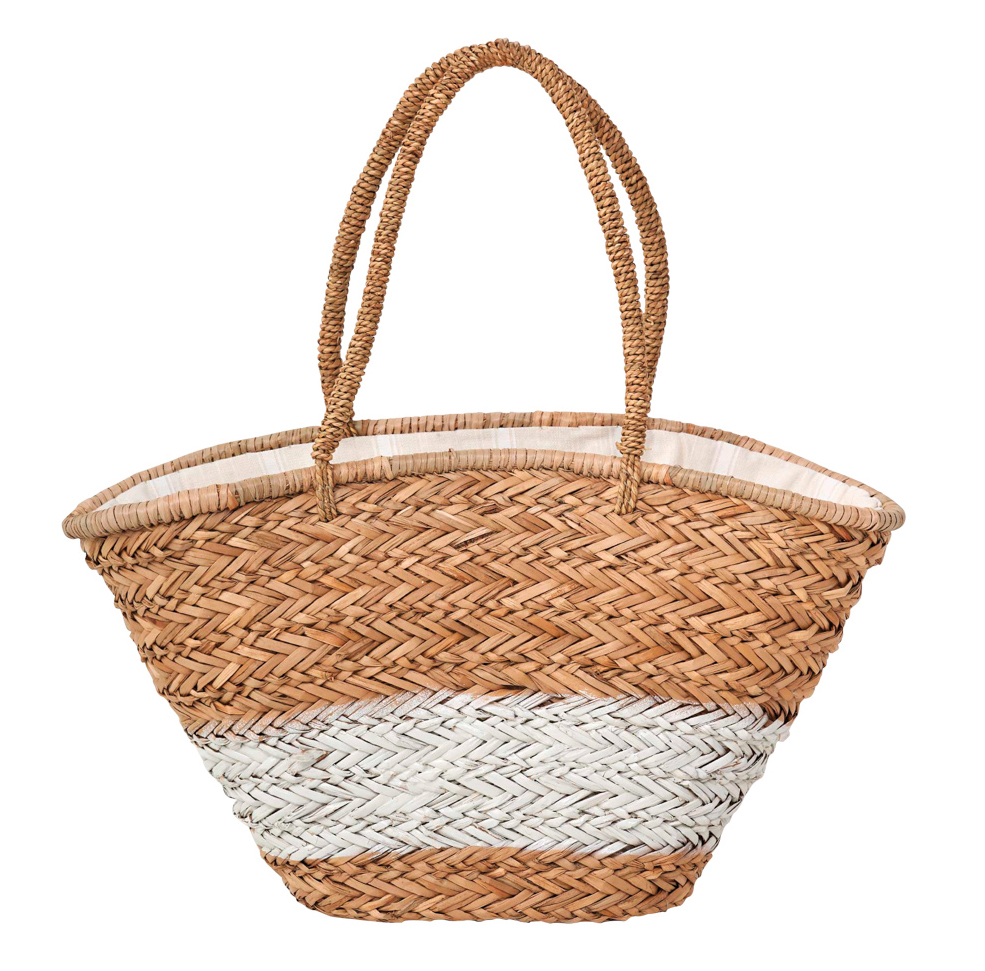 white and tan woven tote