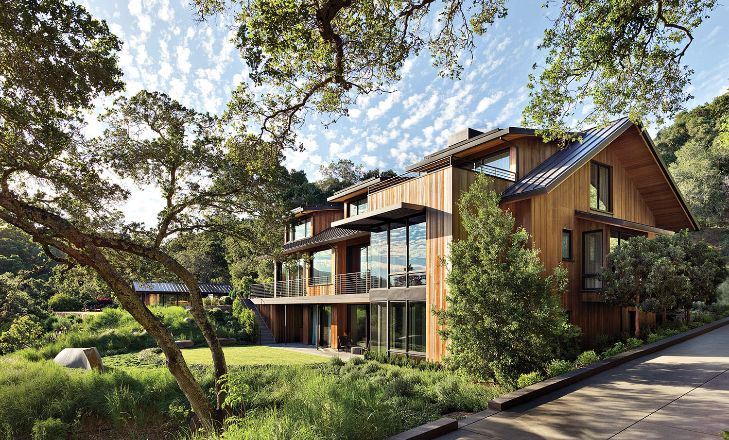 cedar, metal and stone exterior of a Ross, California home
