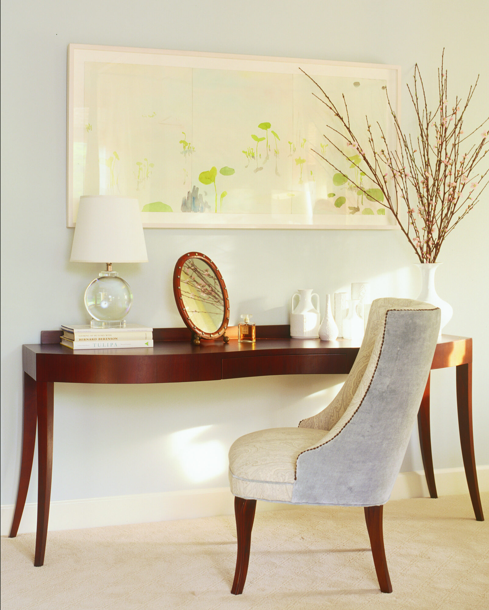 blue home office with desk featuring skylight by farrow and ball