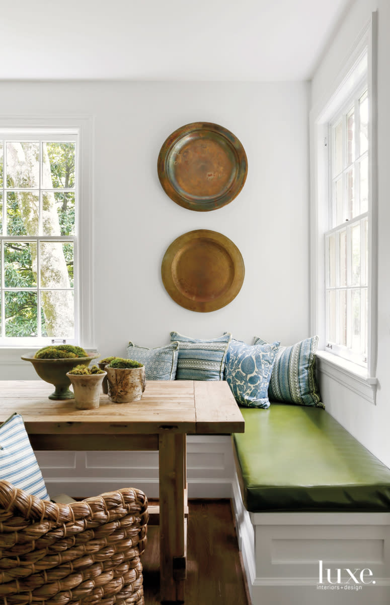 breakfast area green kravet banquette