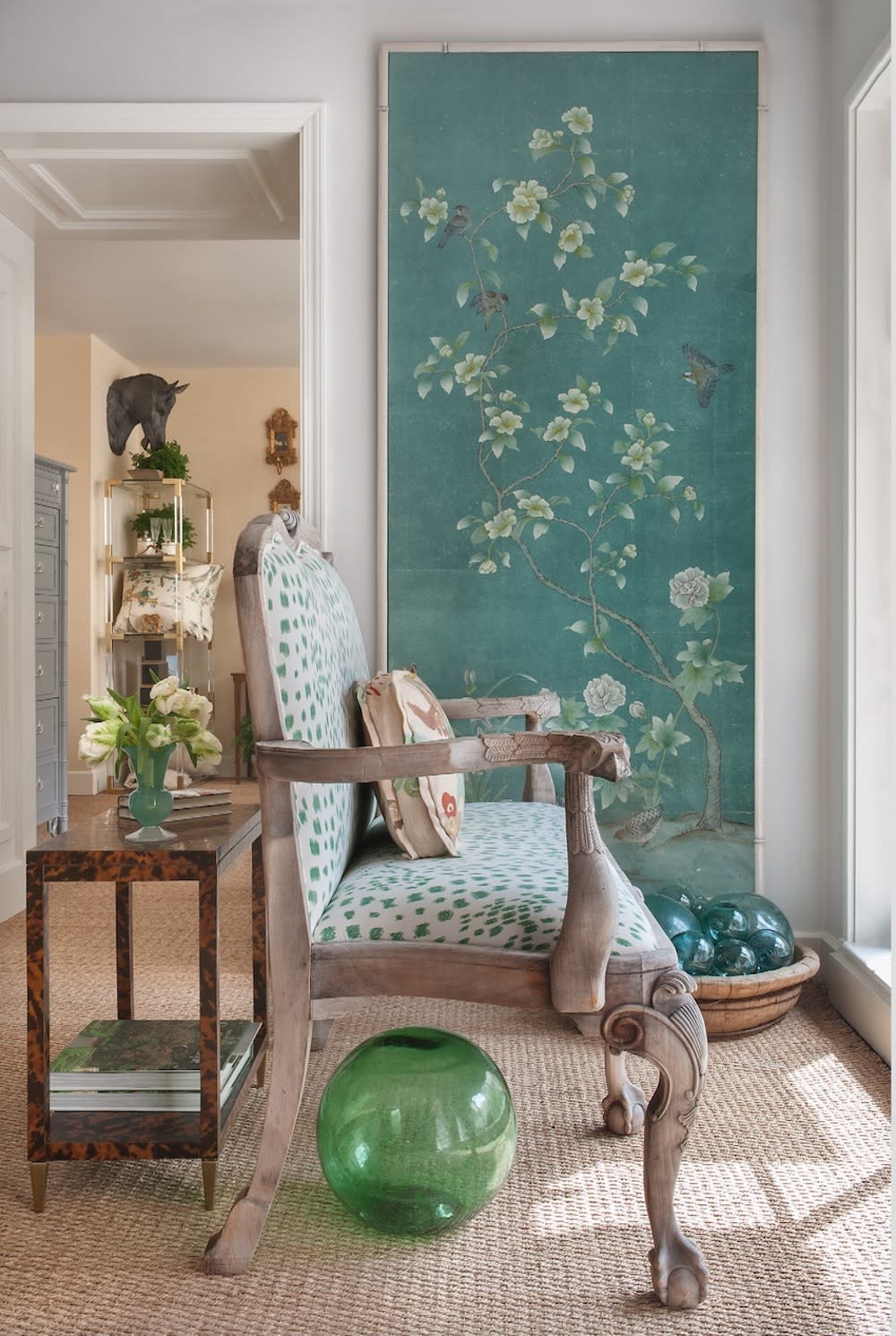 custom painted floral wall mural in traditional sitting room with green accents.