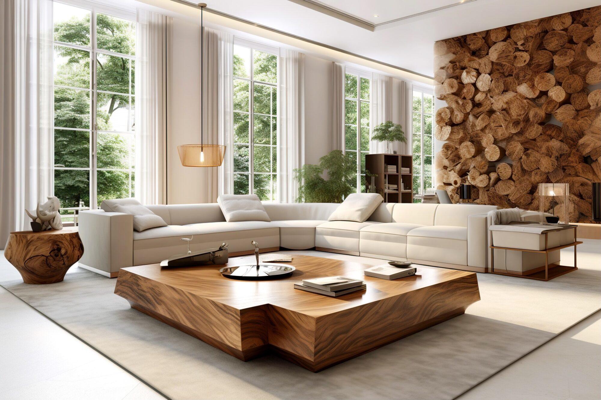 A contemporary living room featuring a spacious wooden wall, elegantly designed furniture, and warm lighting accents.