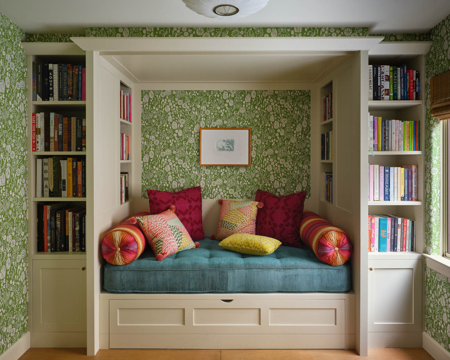 bedroom niche with a green and white wallcovering