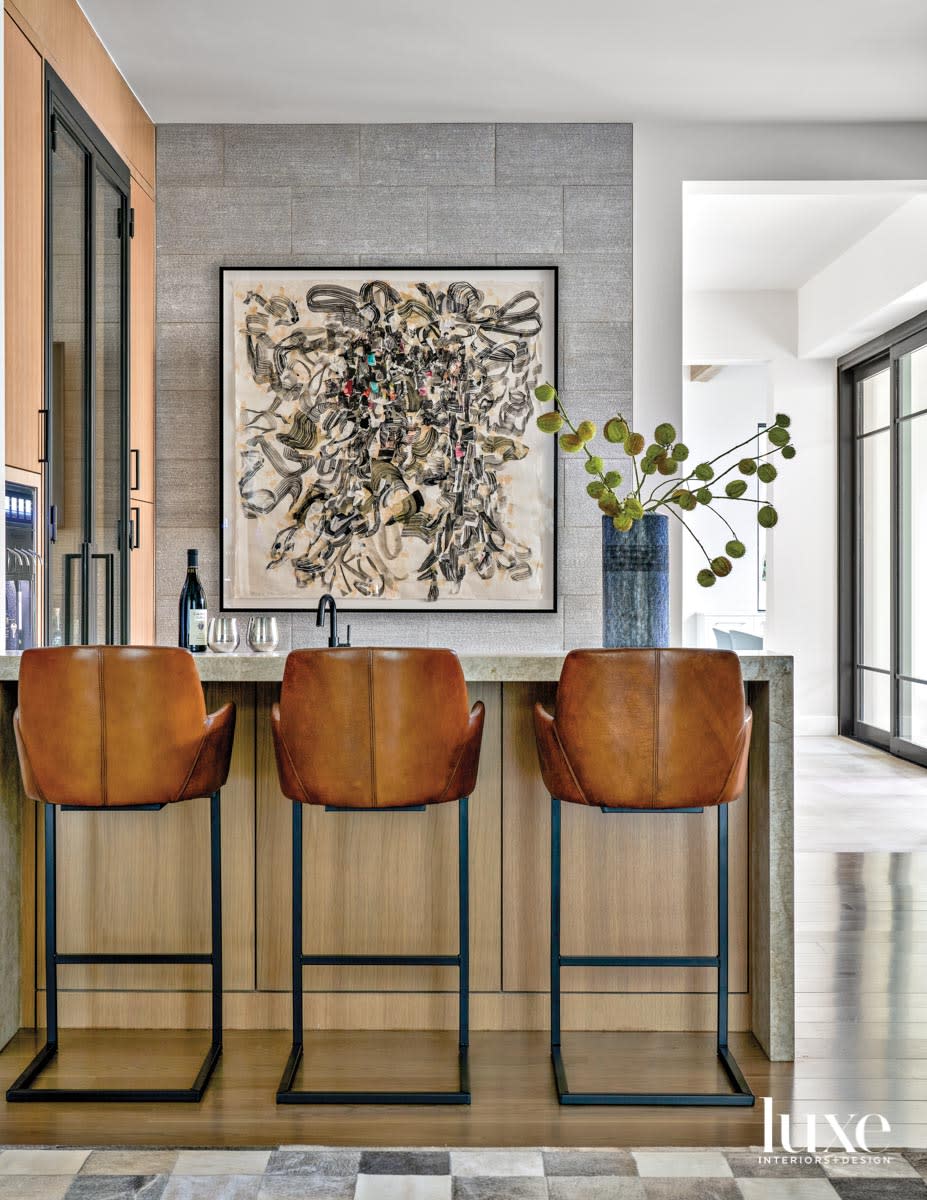 game room bar with gray marble tiles