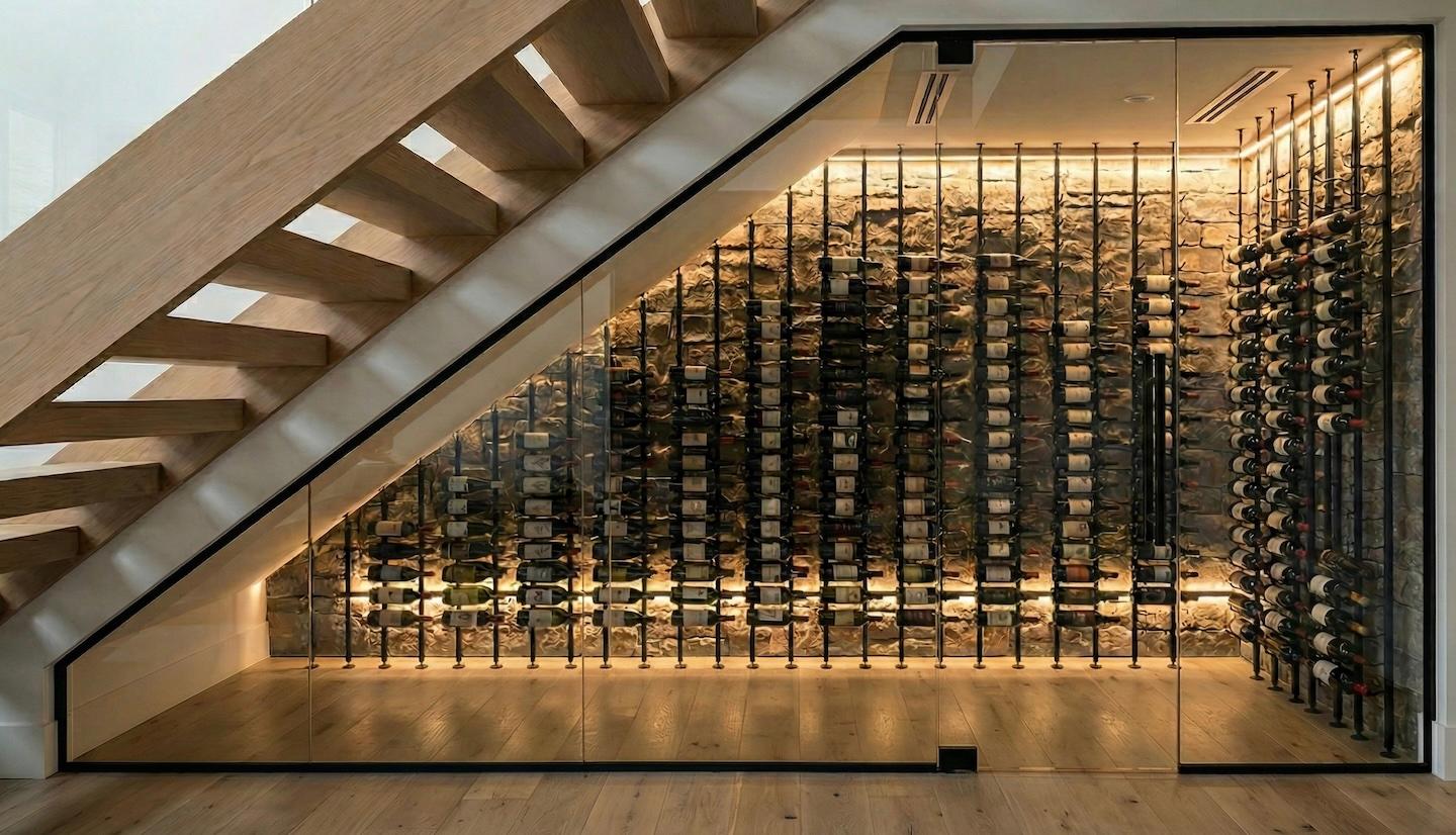 Modern wine cellar under a staircase, featuring rows of wine bottles on metal racks. Soft lighting highlights the stone wall, creating an elegant ambiance.
