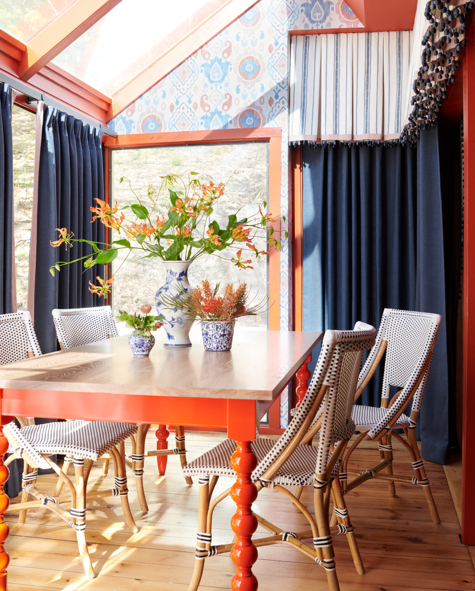 orange and navy dining room