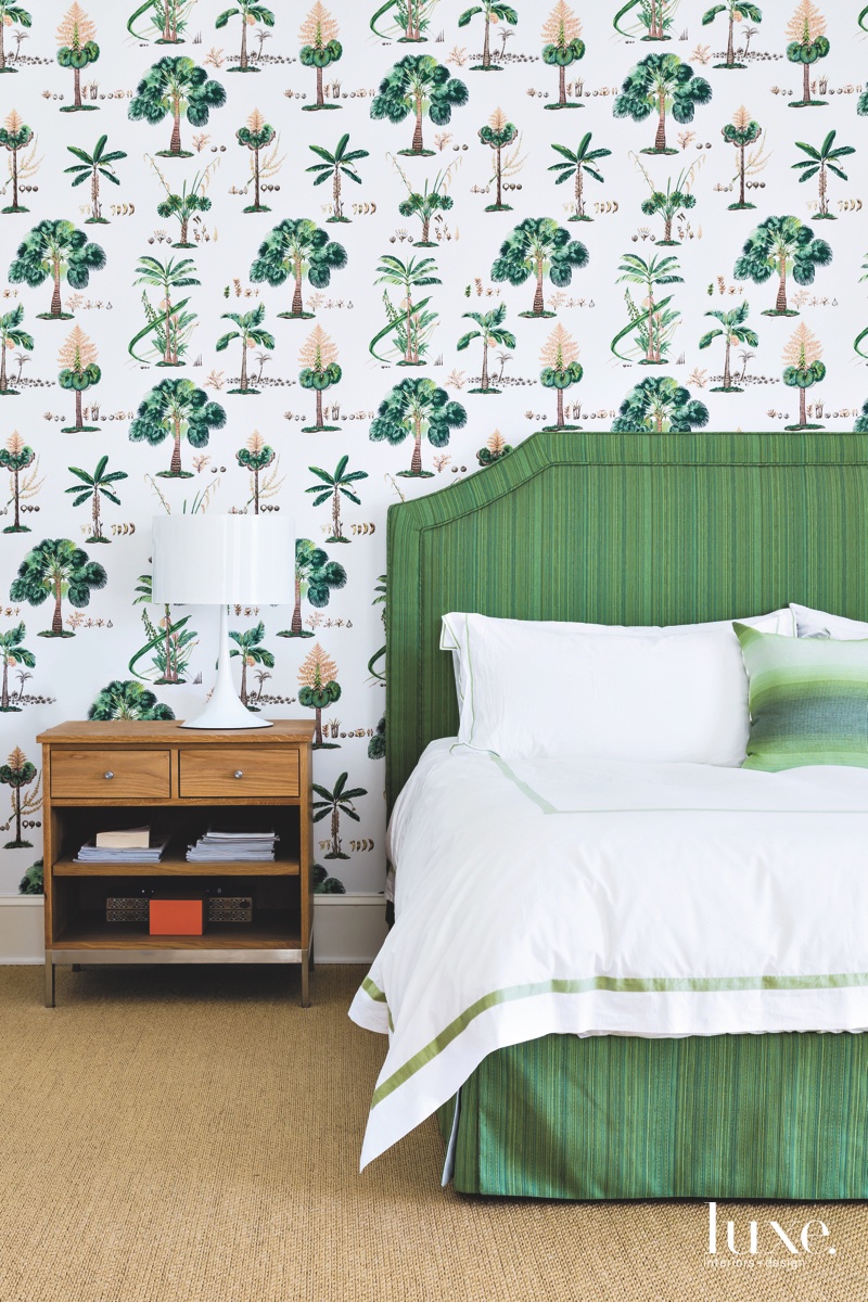 contemporary bedroom green tree wallpaper