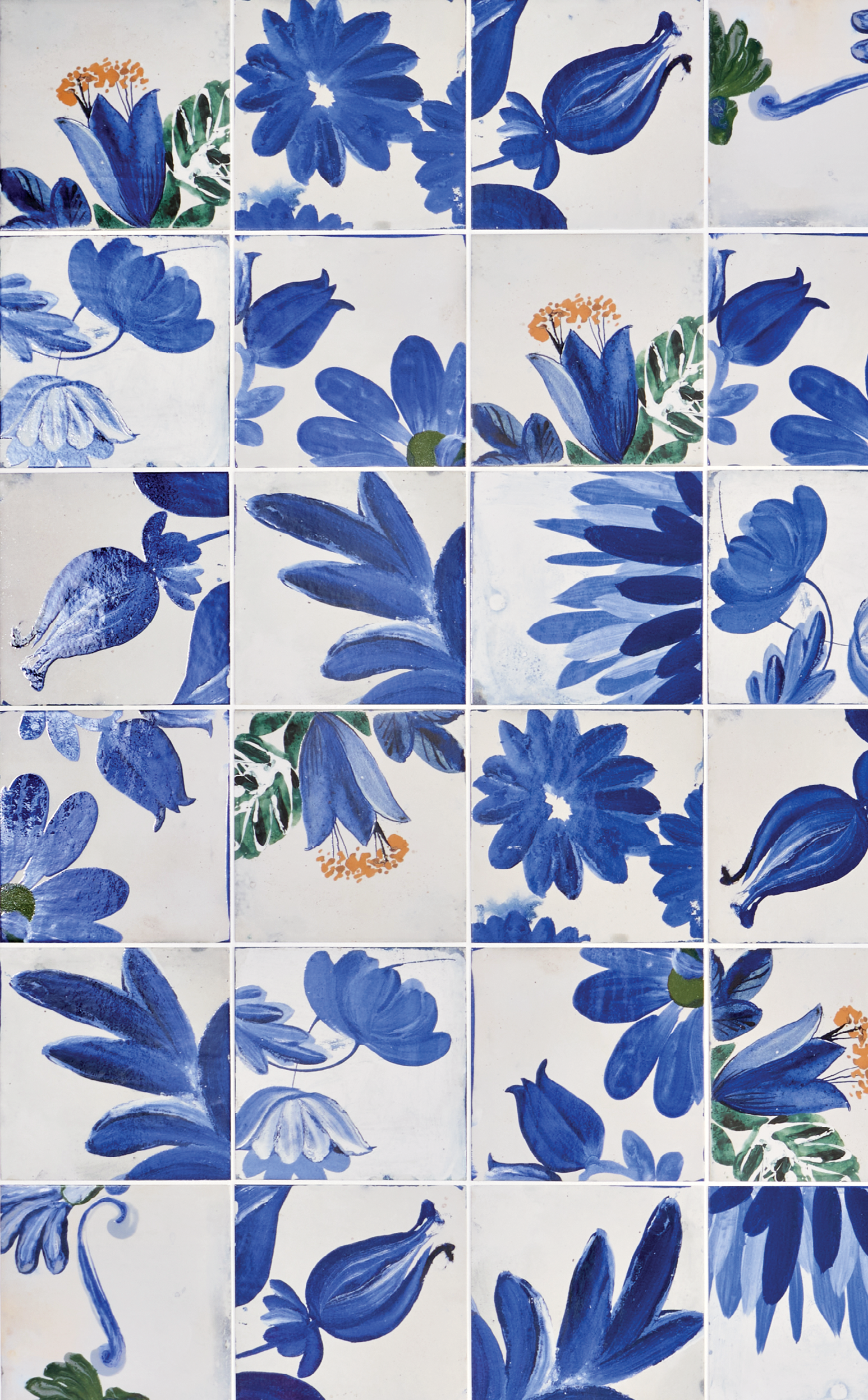 white tiles with blue floral patterns