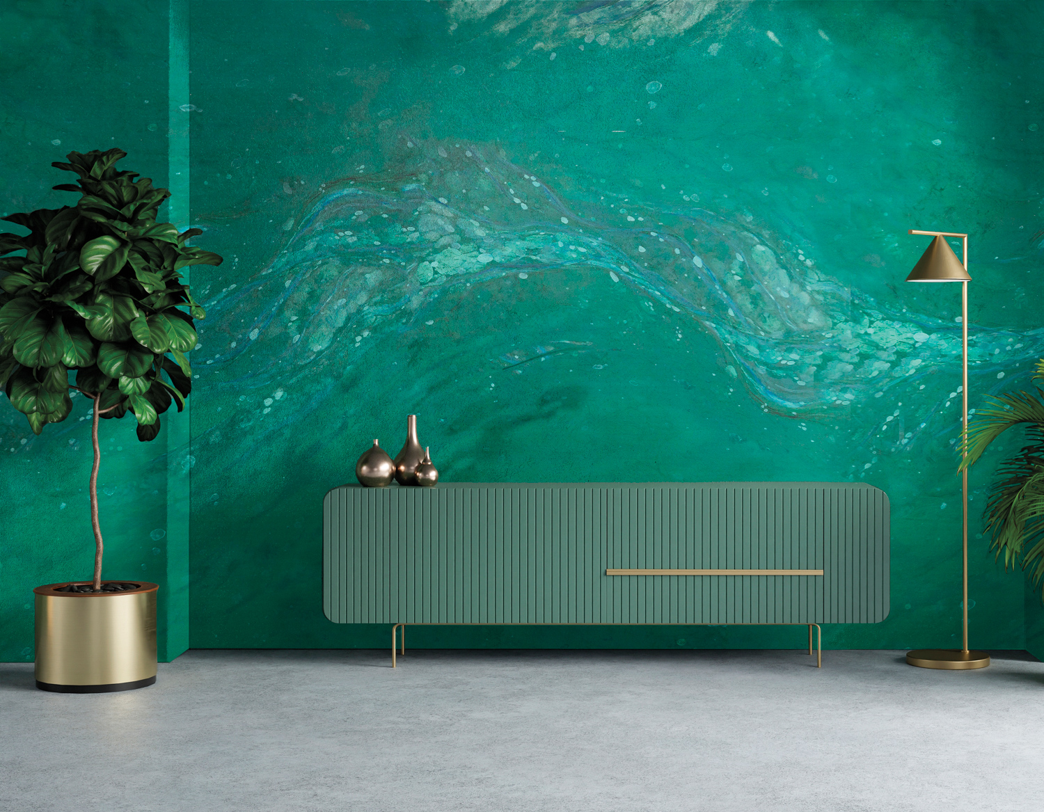 Marbled green wallpaper set behind a fluted green credenza