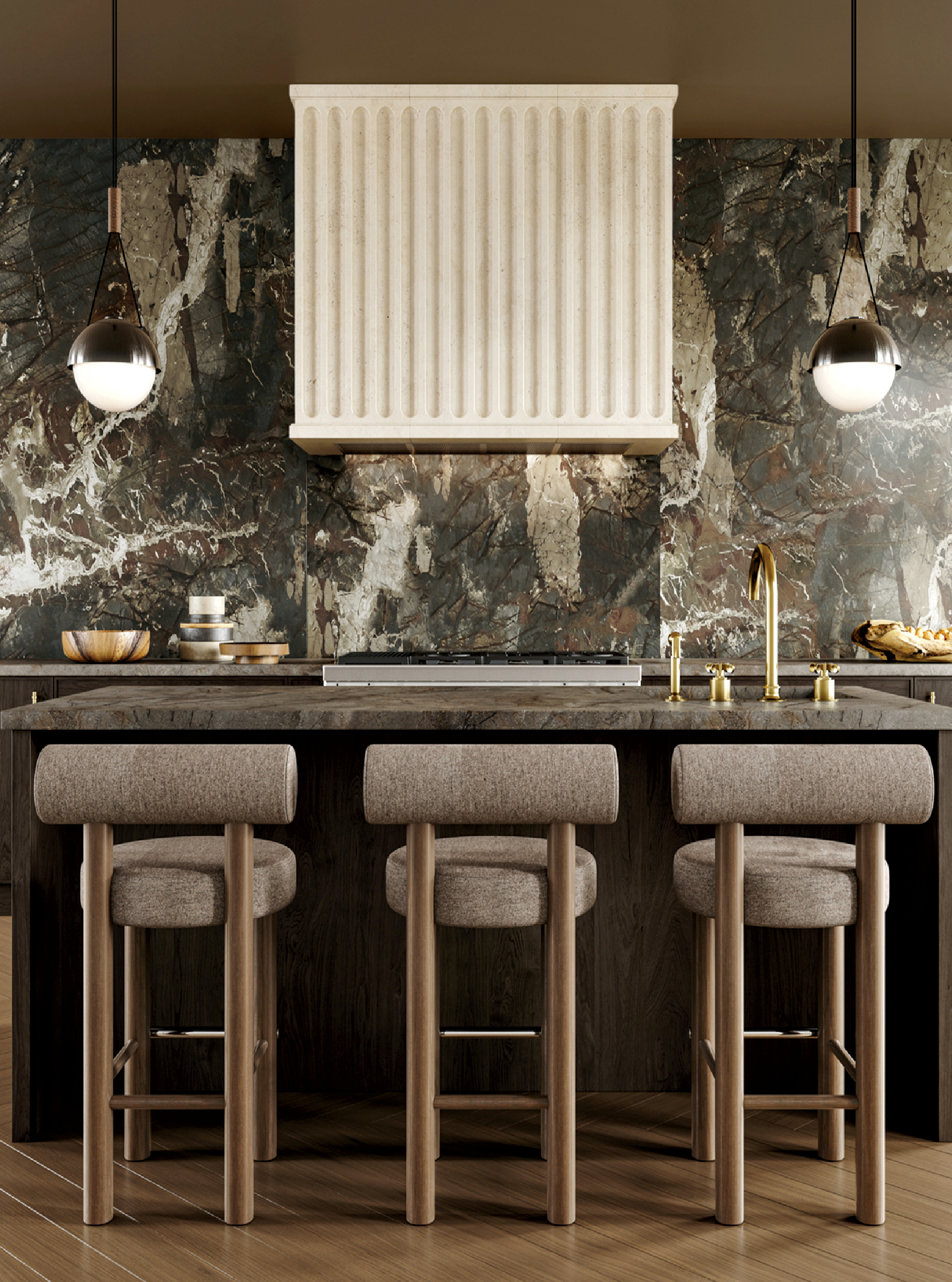 kitchen with a black stone backsplash and a white stone kitchen hood