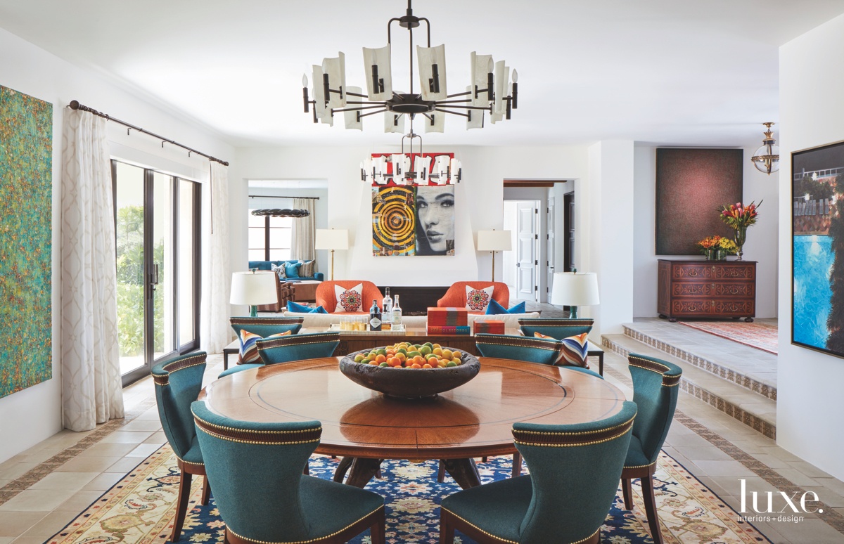 eclectic multi-color dining room great room area round table butera