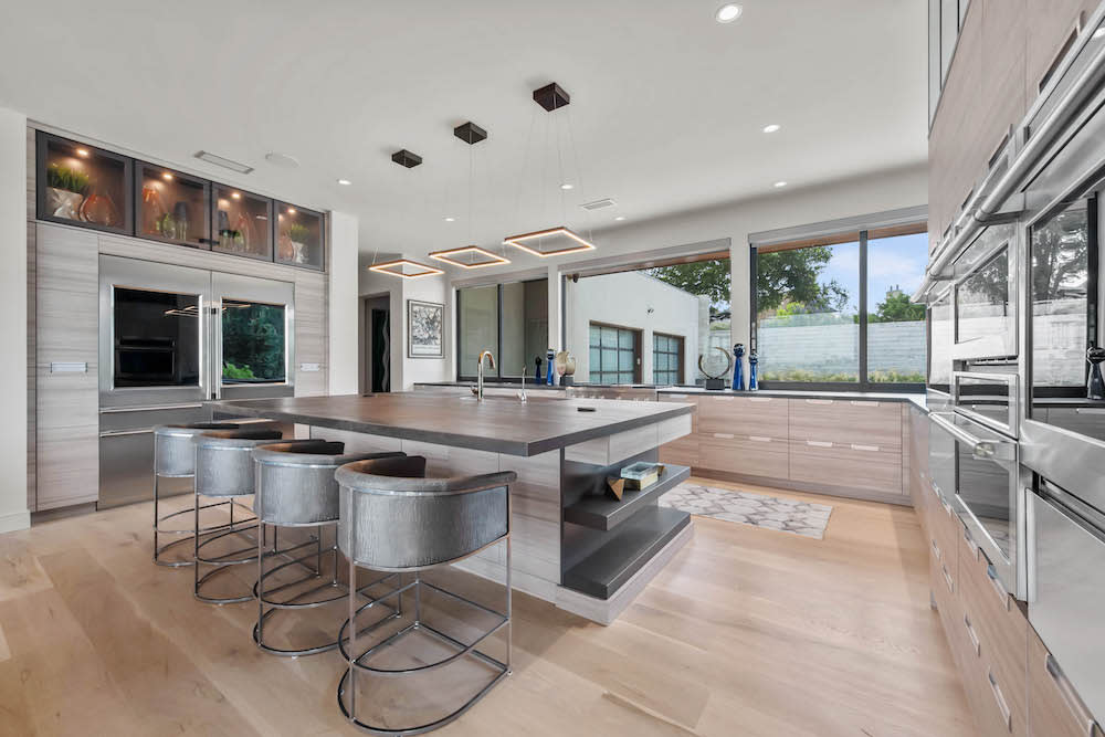 Kitchen island looking out into the living room.