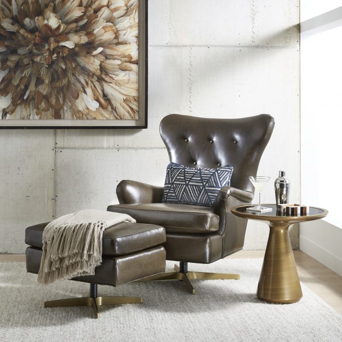 Add height and a welcoming presence with this modern wingback swivel in richly patinaed leather.