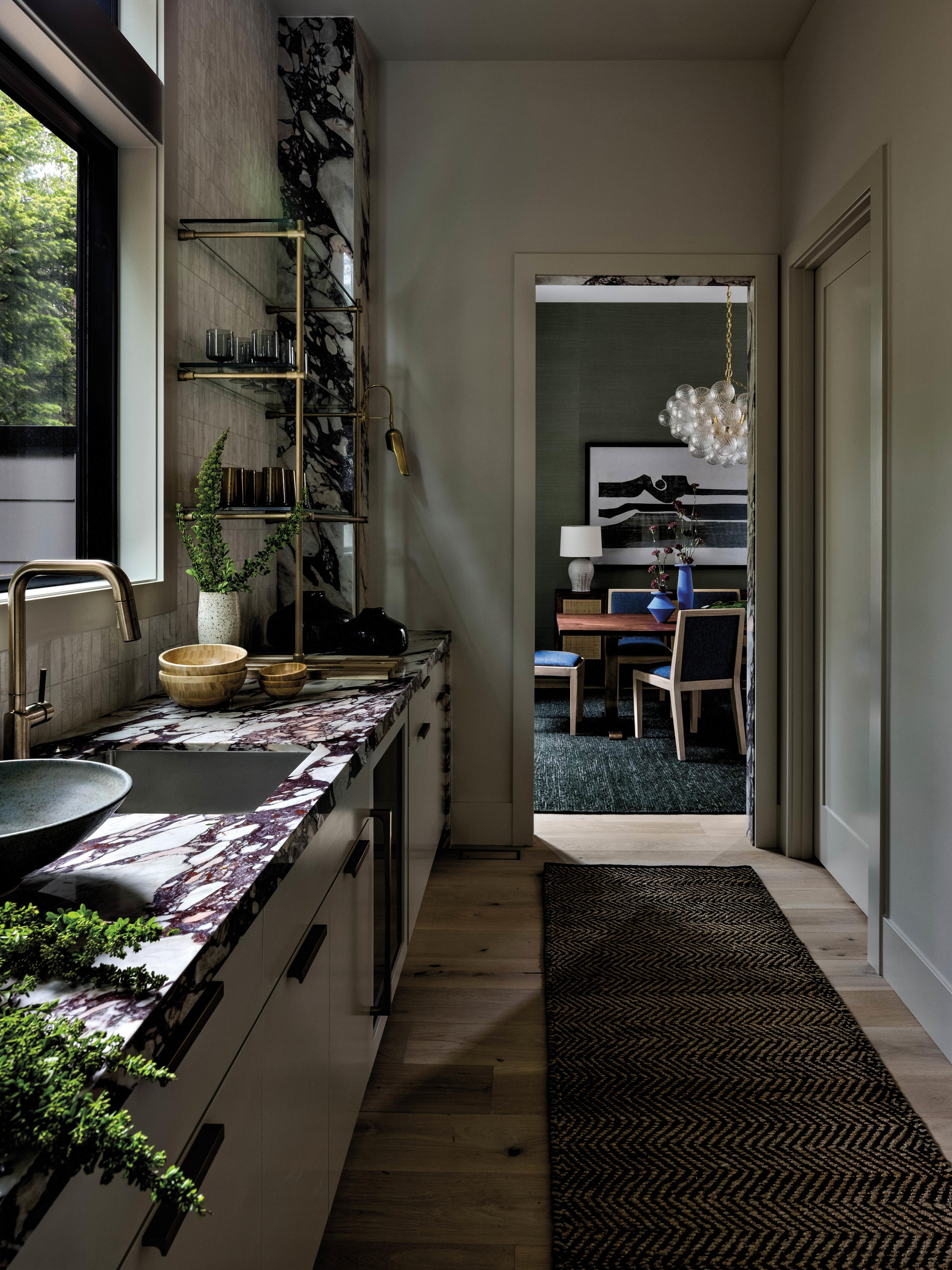 pantry with purple-veined marble countertops