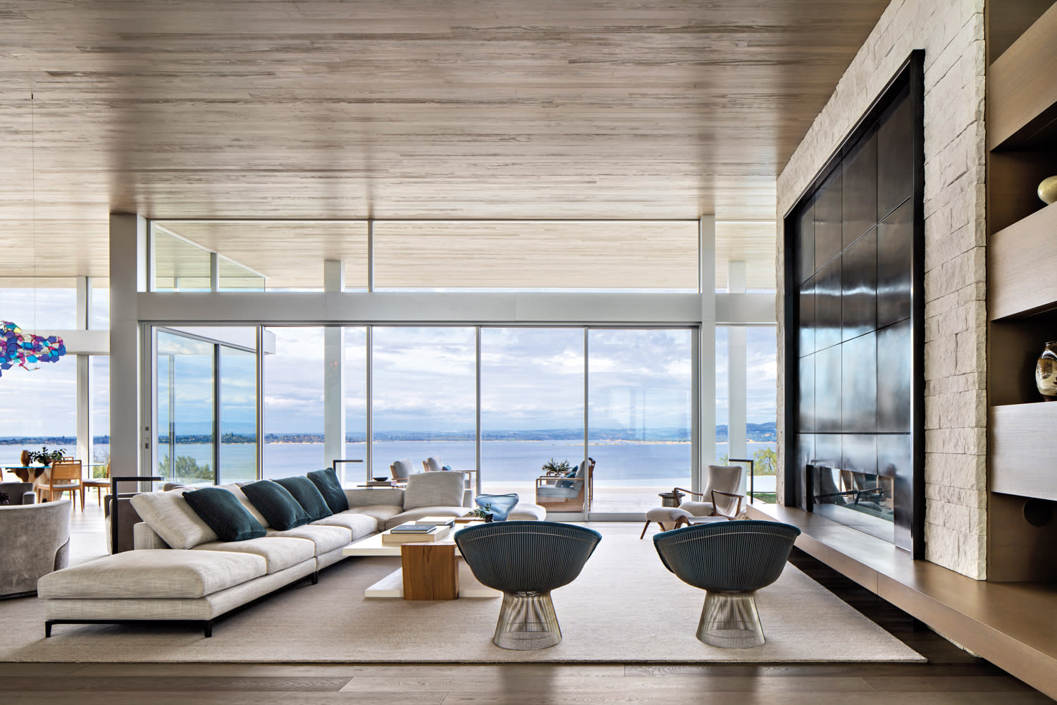 coastal chic California living room with a large glass wall