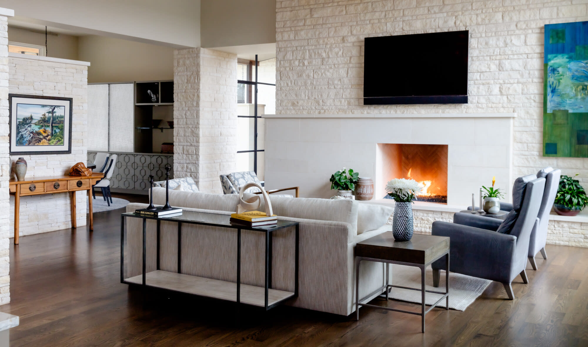 Austin interior designer, living room with fireplace