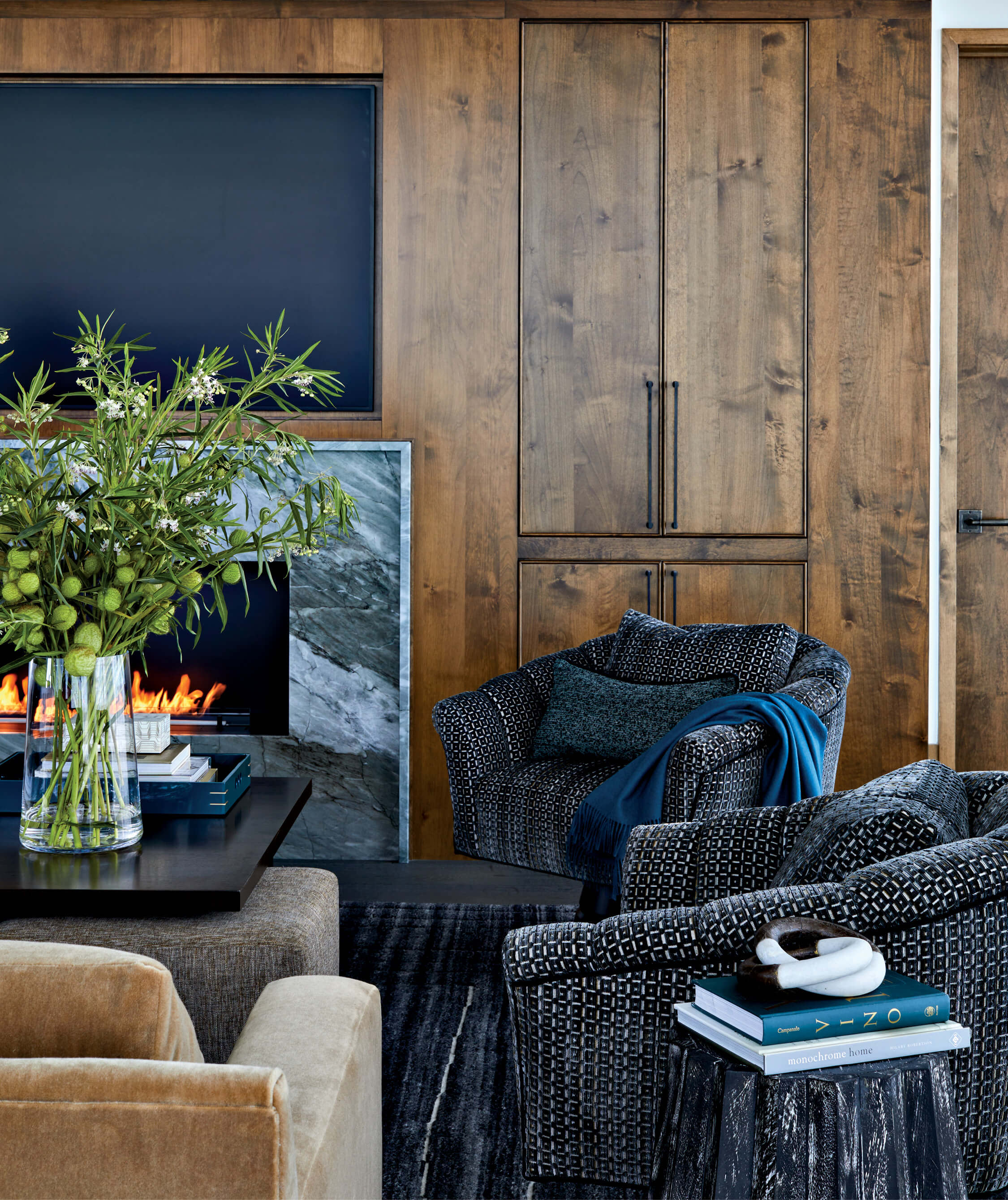 great room with dark wood paneling and cozy furniture